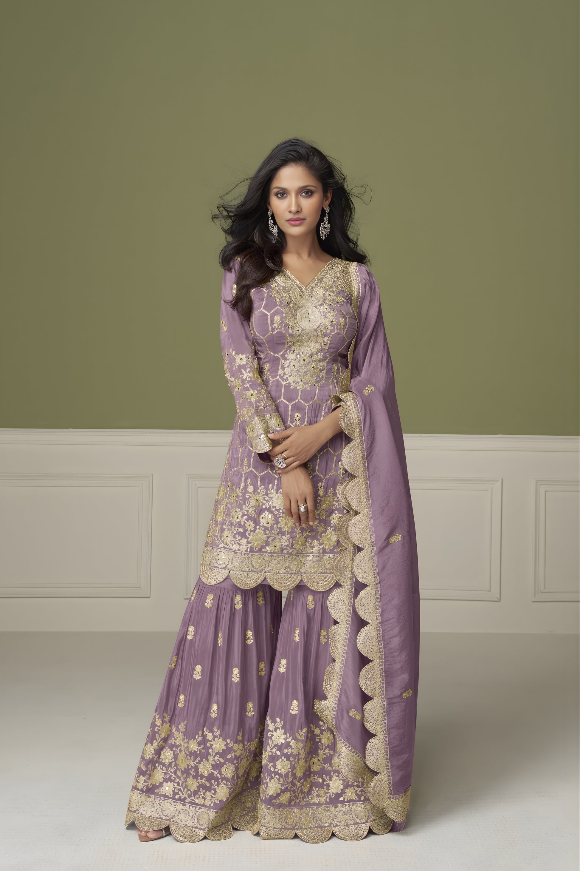 Elegant Lavender Silk Designer Sharara Suit with Embroidery Work and Designer Dupatta for Wedding