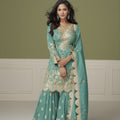 Stylish Sea Green Silk Designer Sharara Suit with Embroidery Work and Designer Dupatta for Wedding
