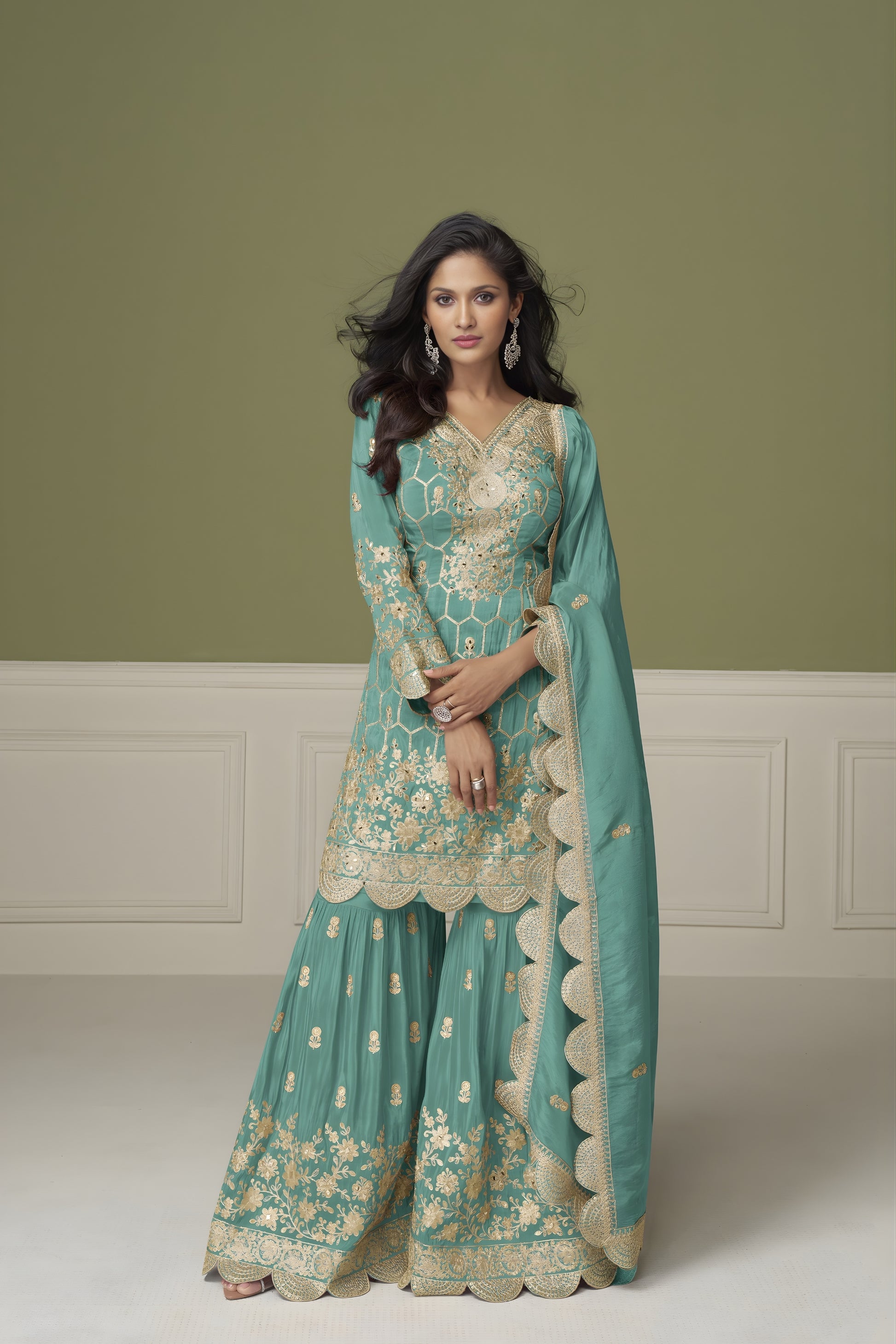 Stylish Sea Green Silk Designer Sharara Suit with Embroidery Work and Designer Dupatta for Wedding