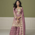Superb Mauve Pink Silk Designer Sharara Suit with Embroidery Work and Designer Dupatta for Wedding
