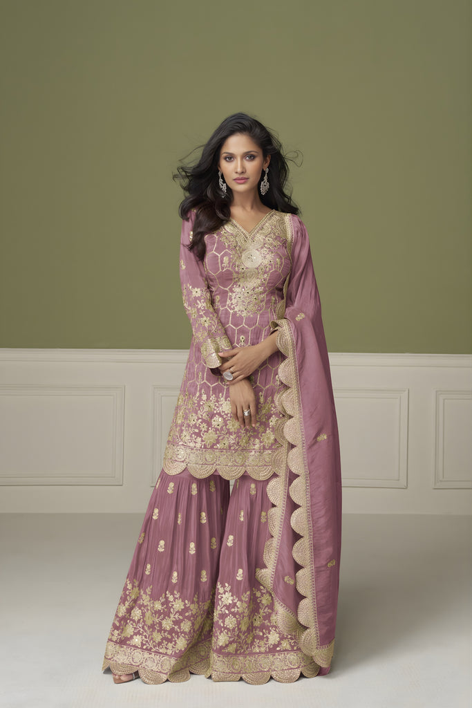 Superb Mauve Pink Silk Designer Sharara Suit with Embroidery Work and Designer Dupatta for Wedding