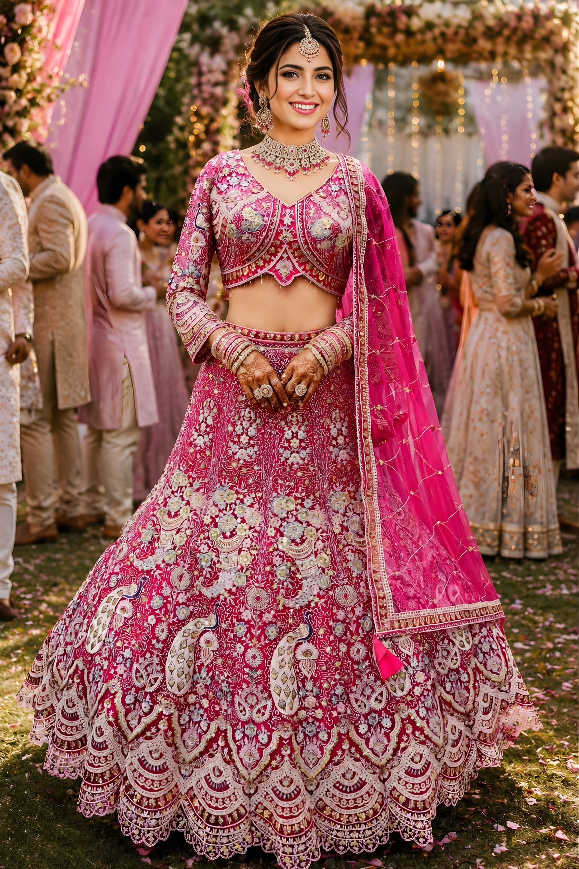 Stylish Rani Pink Net Lehenga Choli with Heavy Embroidery Work and Designer Dupatta for Wedding