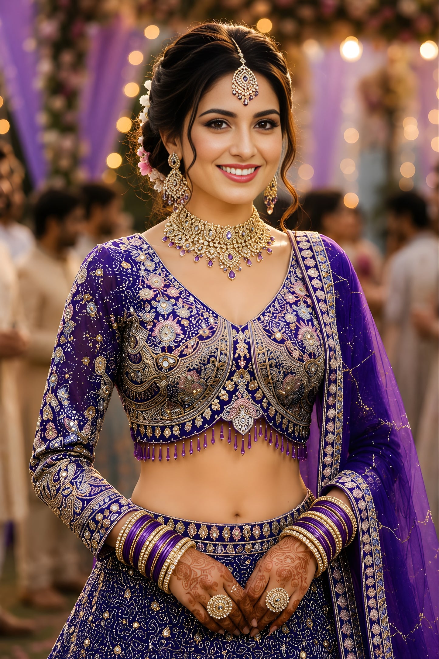 Elegant Purple Net Lehenga Choli with Heavy Embroidery Work and Designer Dupatta for Wedding