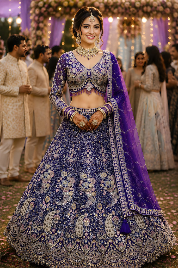 Elegant Purple Net Lehenga Choli with Heavy Embroidery Work and Designer Dupatta for Wedding