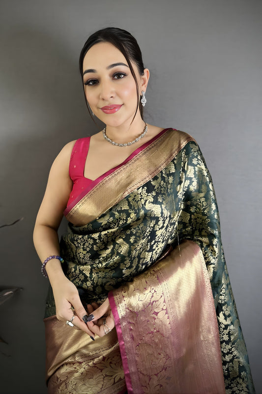 Luxury Black Kanjivaram Katan Silk Jacquard Zari Work Saree for Wedding