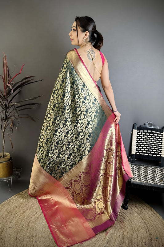 Luxury Black Kanjivaram Katan Silk Jacquard Zari Work Saree for Wedding
