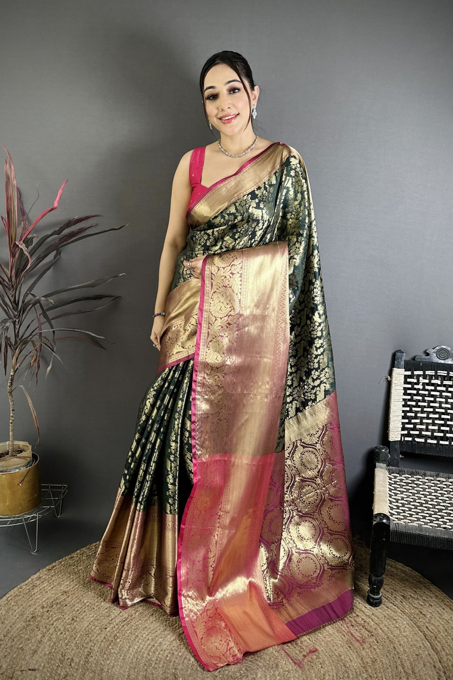 Luxury Black Kanjivaram Katan Silk Jacquard Zari Work Saree for Wedding