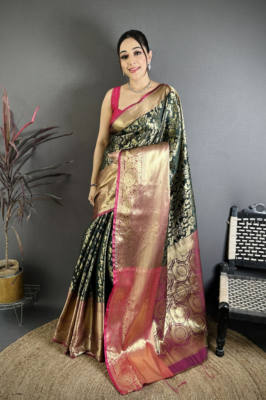 Luxury Black Kanjivaram Katan Silk Jacquard Zari Work Saree for Wedding