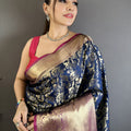 Royal Navy Blue Kanjivaram Katan Silk Jacquard Zari Work Saree for Wedding