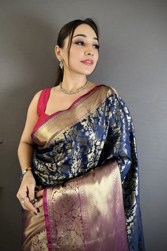 Royal Navy Blue Kanjivaram Katan Silk Jacquard Zari Work Saree for Wedding