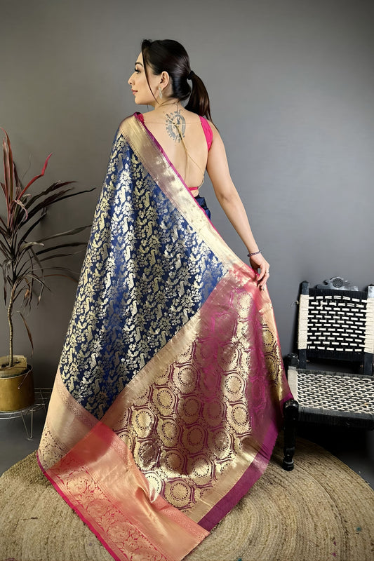Royal Navy Blue Kanjivaram Katan Silk Jacquard Zari Work Saree for Wedding