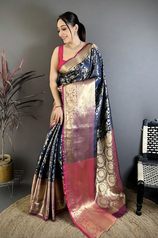 Royal Navy Blue Kanjivaram Katan Silk Jacquard Zari Work Saree for Wedding