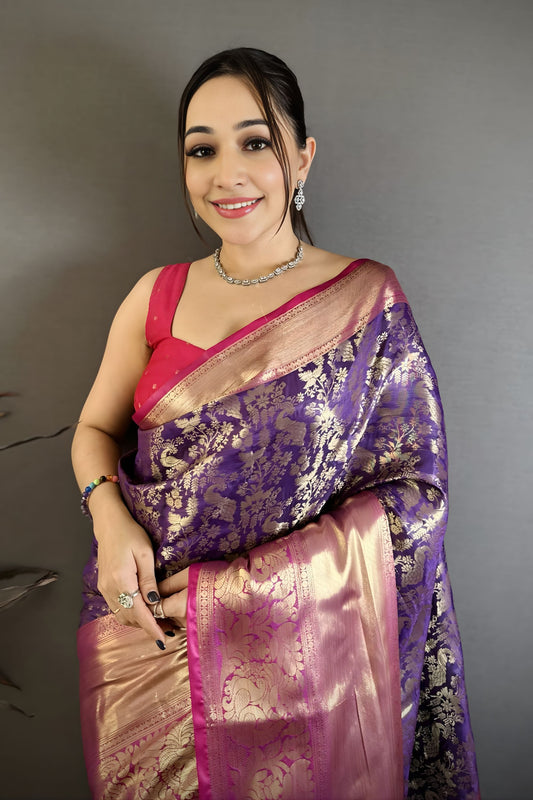 Gracefull Purple Kanjivaram Katan Silk Jacquard Zari Work  Saree for Wedding