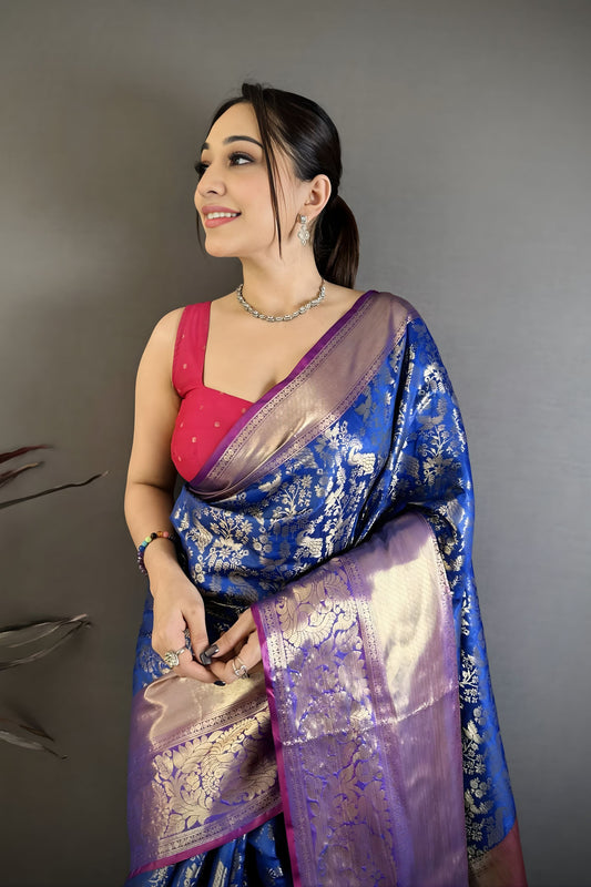 Royal Blue Kanjivaram Katan Silk Jacquard Zari Work Saree for Wedding