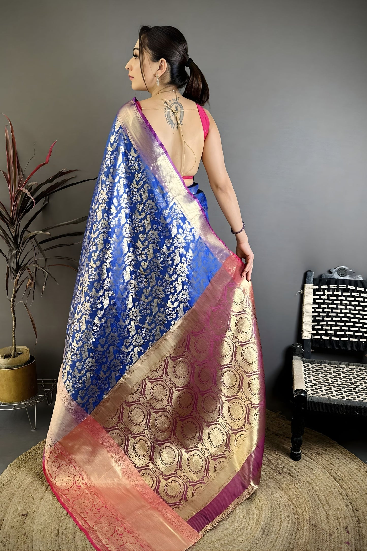 Royal Blue Kanjivaram Katan Silk Jacquard Zari Work Saree for Wedding