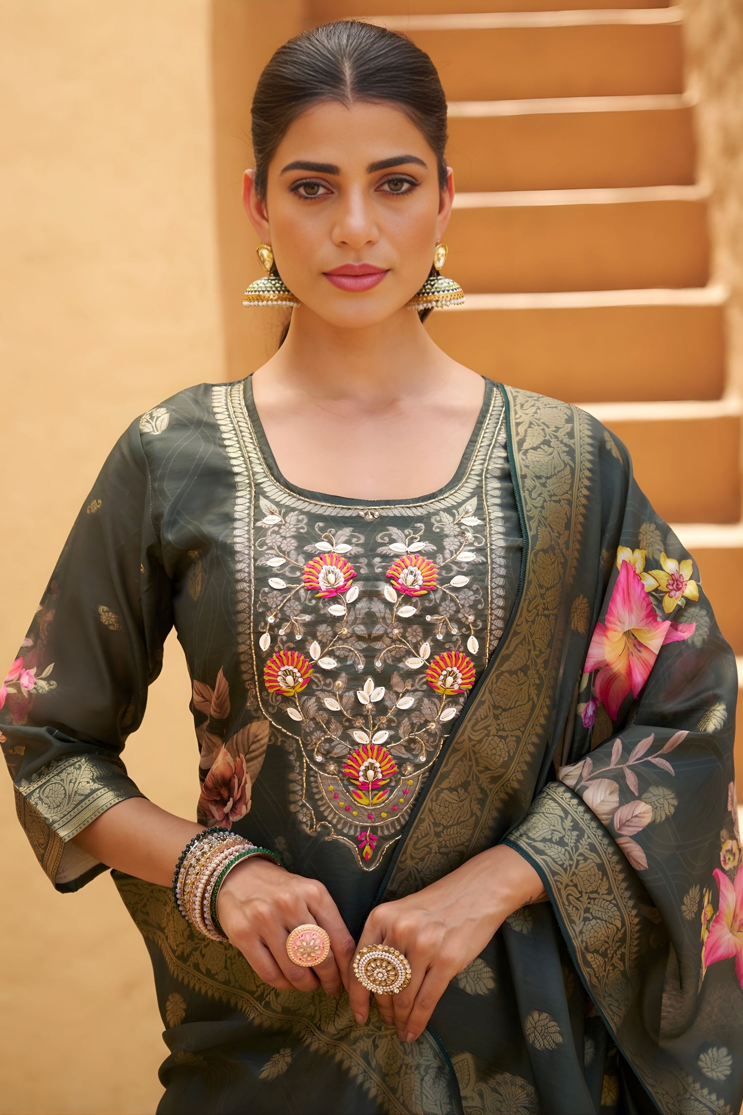 Elegant Olive Green Silk Blend Embroidery Palazzo Suit Dupatta