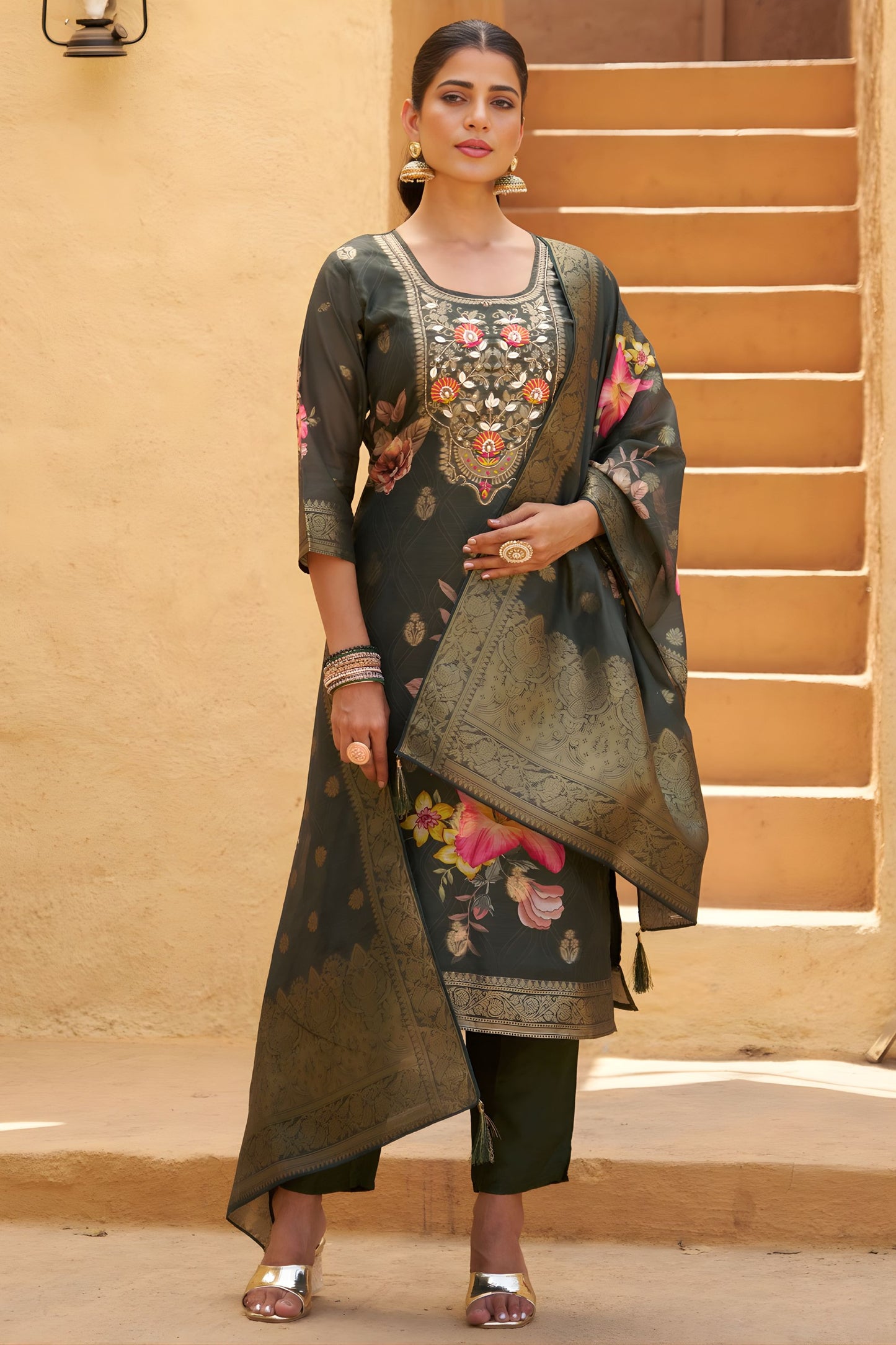 Elegant Olive Green Silk Blend Embroidery Palazzo Suit Dupatta
