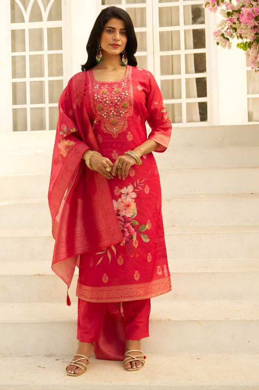 Beautiful Rani Pink Silk Blend Embroidery Salwar Suit Dupatta  