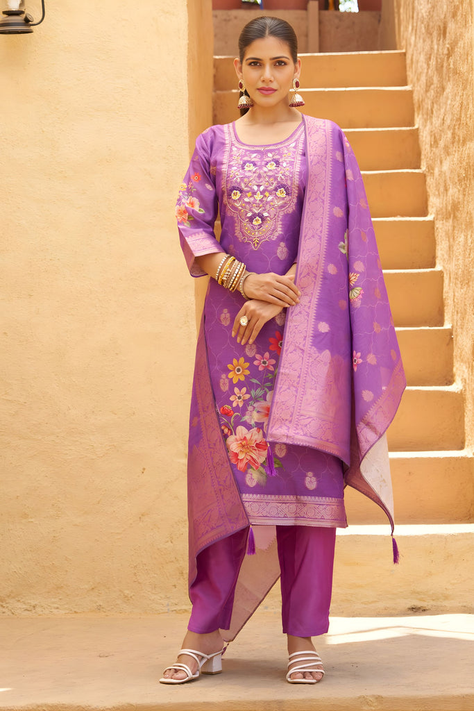 Stylish Purple Silk Blend Embroidery Work Salwar Suit Dupatta for Women