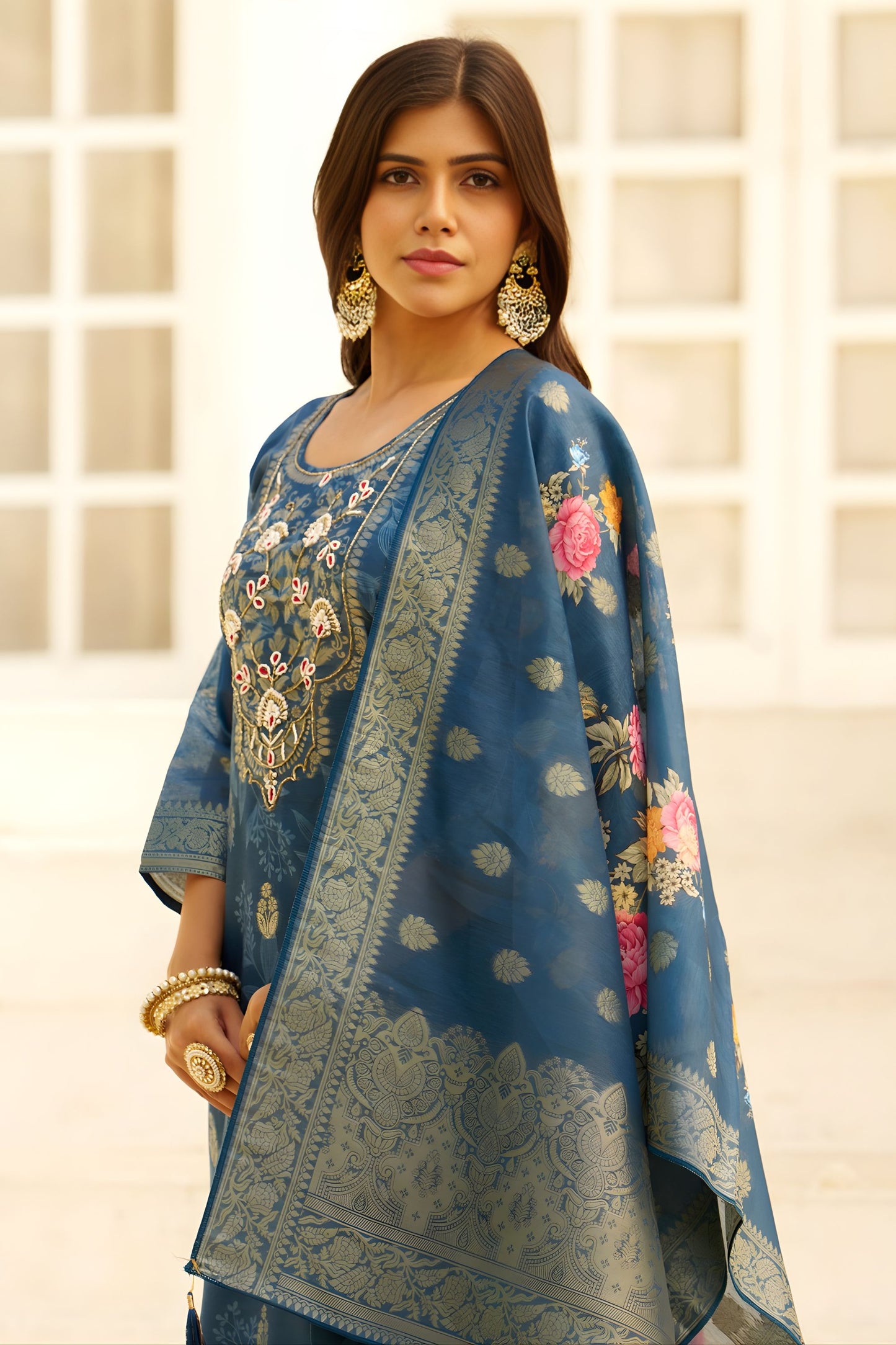 Royal Teal Blue Silk Blend Embroidery Salwar Suit Dupatta for Women