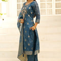 Royal Teal Blue Silk Blend Embroidery Salwar Suit Dupatta for Women