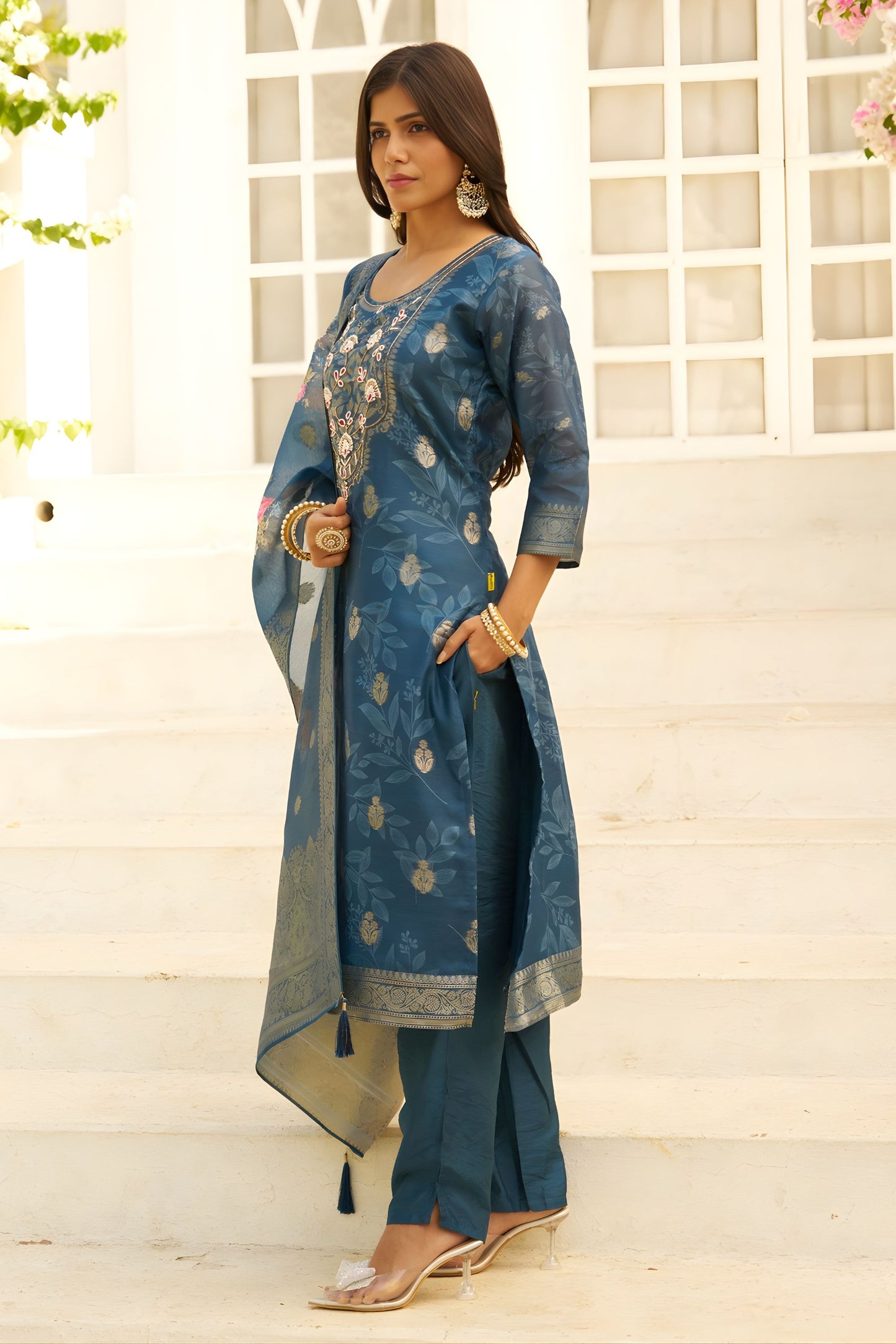 Royal Teal Blue Silk Blend Embroidery Salwar Suit Dupatta for Women
