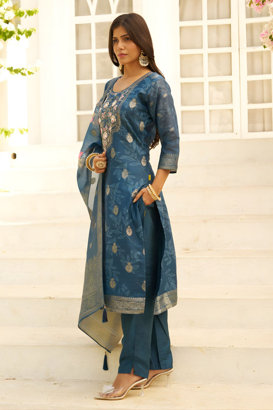 Royal Teal Blue Silk Blend Embroidery Salwar Suit Dupatta for Women