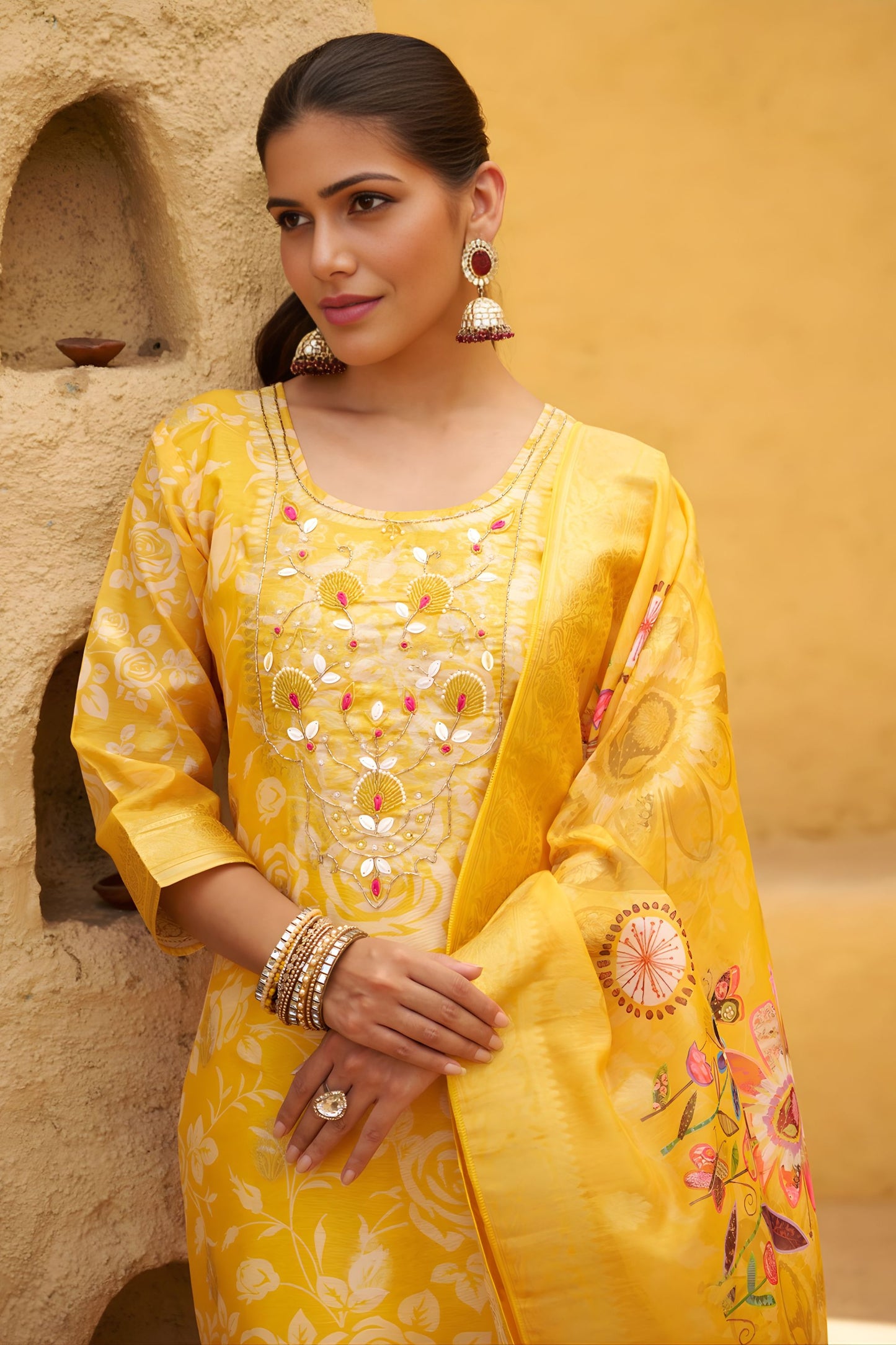 Beautiful Yellow Silk Blend Embroidery Work Salwar Suit Dupatta for Women