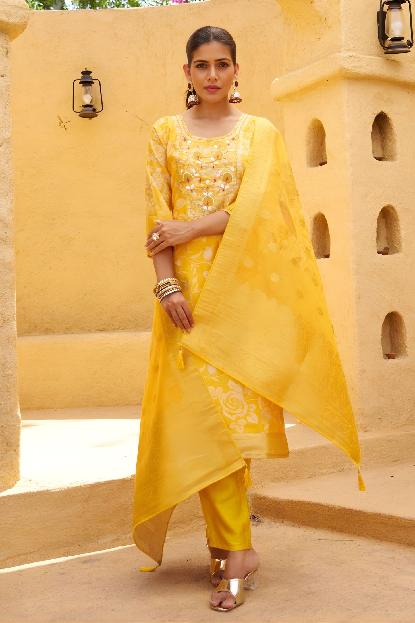 Beautiful Yellow Silk Blend Embroidery Work Salwar Suit Dupatta for Women