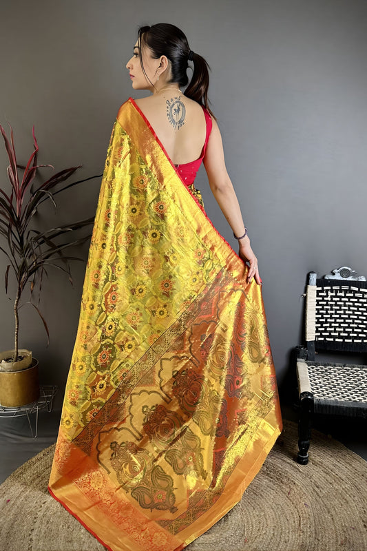 Luxury Mustard Yellow Kanjivaram Semi Silk Jacquard Zari Work Saree for Wedding