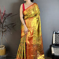 Luxury Mustard Gold Kanjivaram Semi Silk Jacquard Zari Work Saree for Wedding