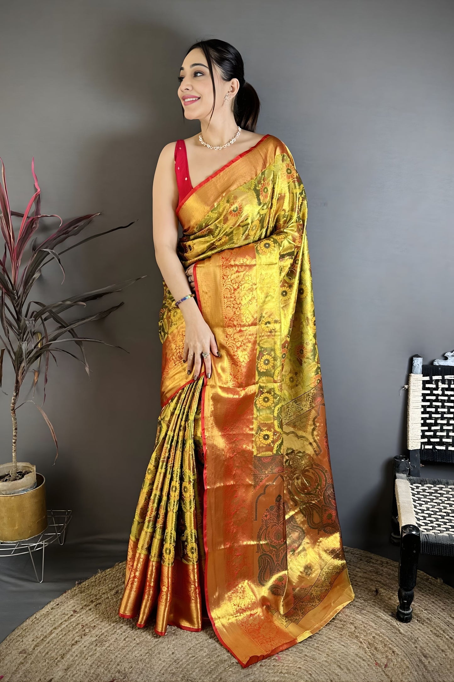 Luxury Mustard Gold Kanjivaram Semi Silk Jacquard Zari Work Saree for Wedding