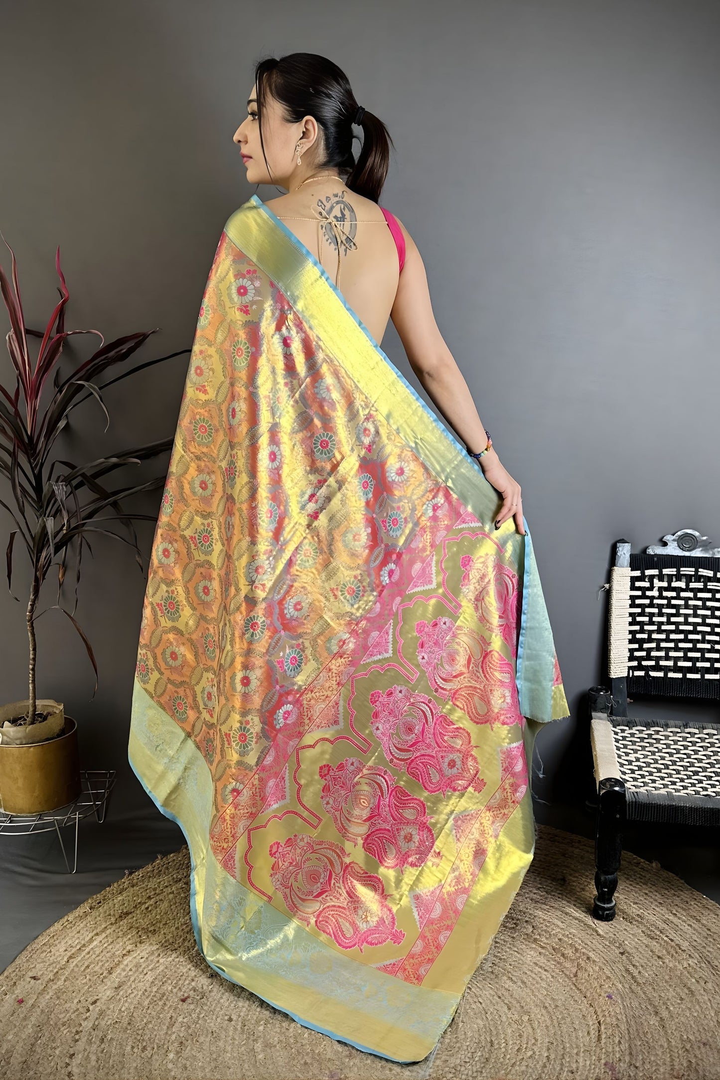Royal Aqua Blue Kanjivaram Semi Silk Floral Jacquard Zari Work Saree for Wedding
