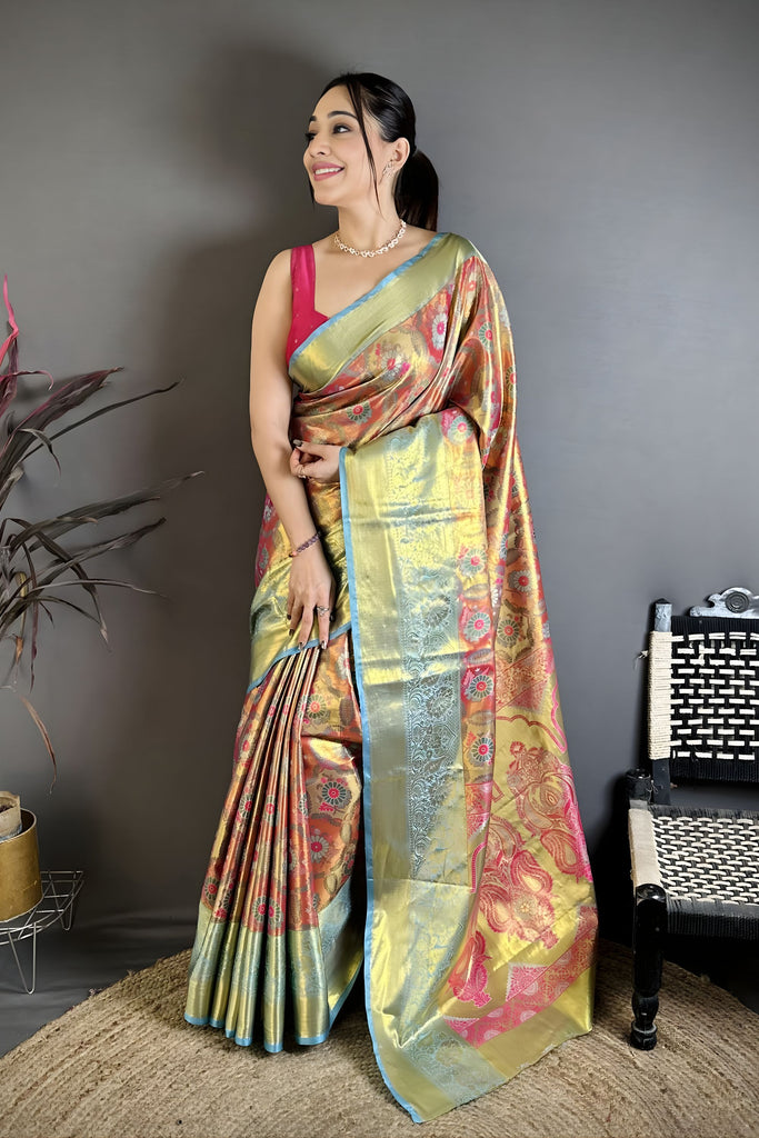 Royal Aqua Blue Kanjivaram Semi Silk Floral Jacquard Zari Work Saree for Wedding