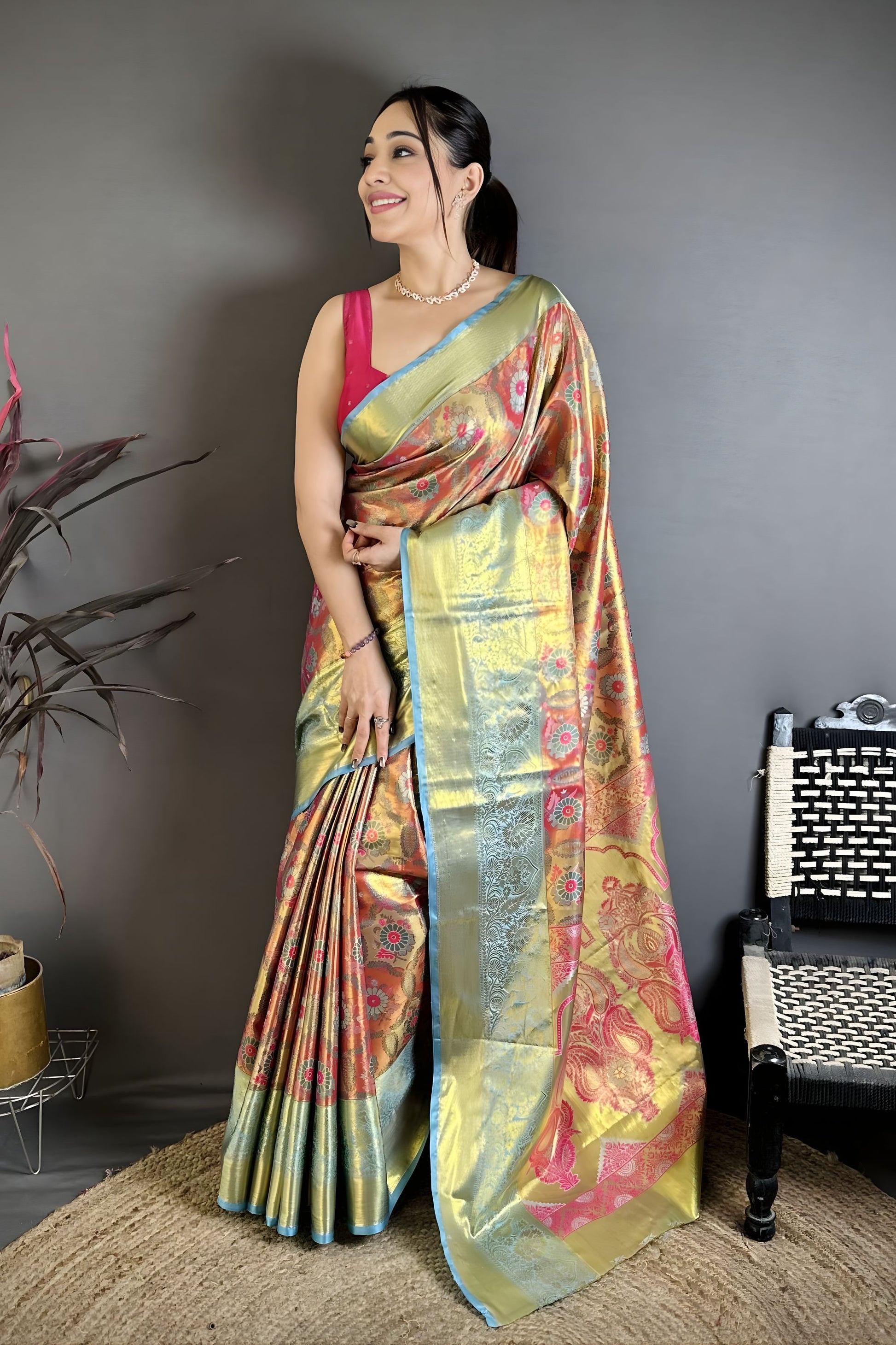 Royal Aqua Blue Kanjivaram Semi Silk Floral Jacquard Zari Work Saree for Wedding