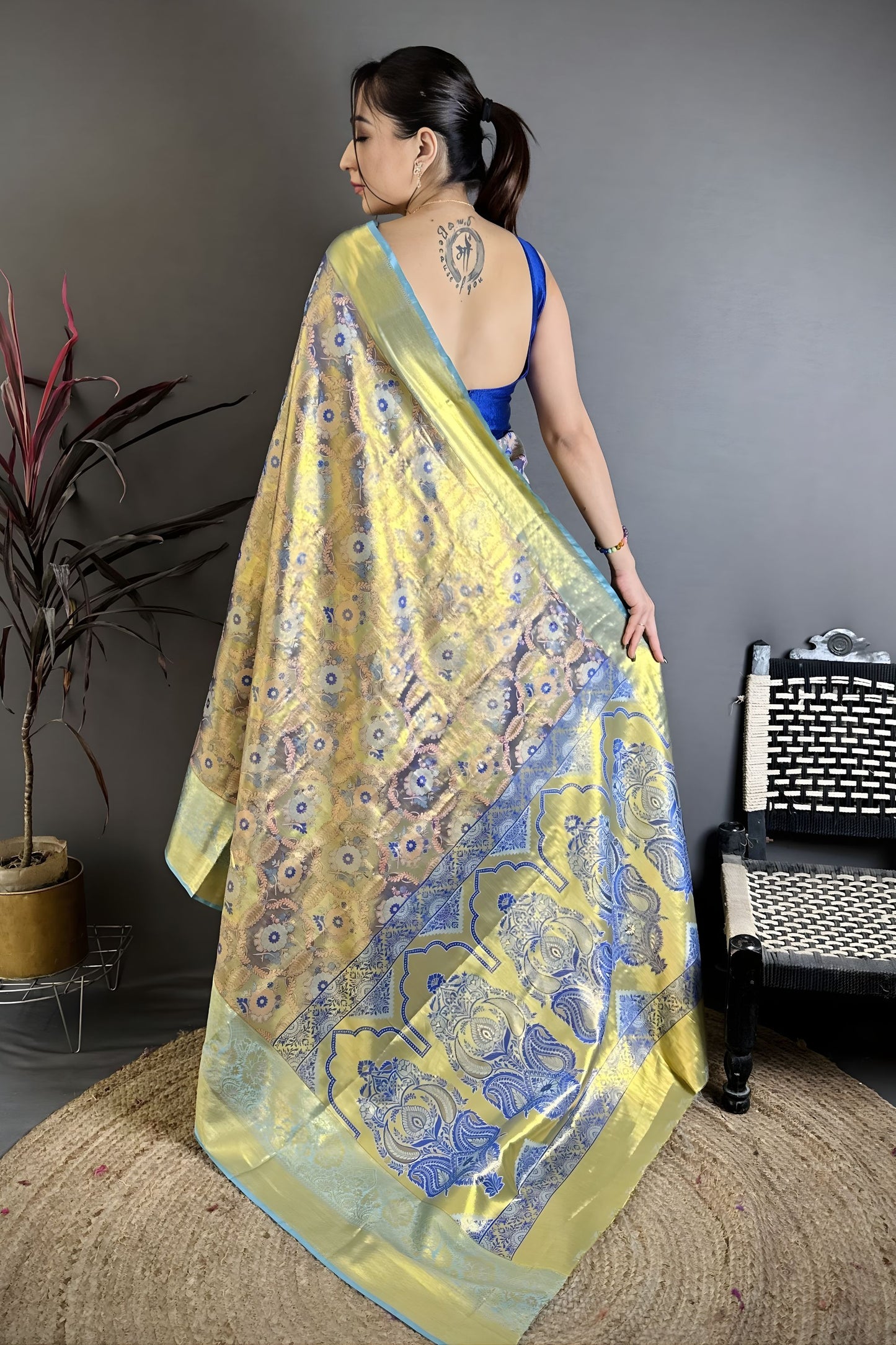 Royal Blue Kanjivaram Semi Silk Floral Jacquard Zari Work Saree for Wedding