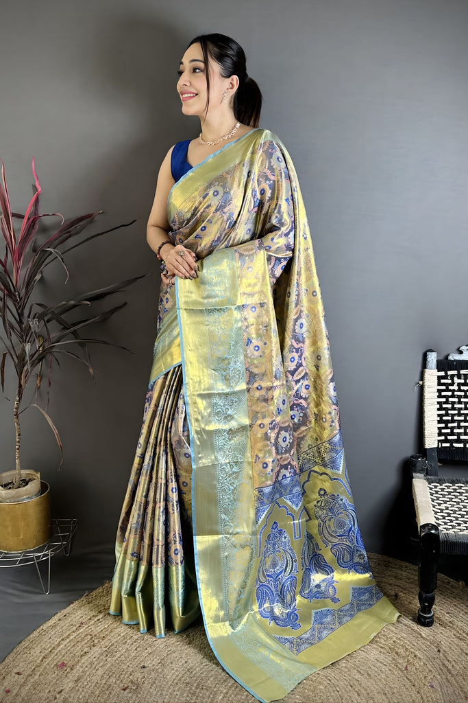 Royal Blue Kanjivaram Semi Silk Floral Jacquard Zari Work Saree for Wedding