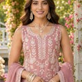 Elegant Dusty Pink Chiffon Designer Sharara Suit with Embroidery Work and Designer Dupatta