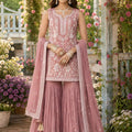Elegant Dusty Pink Chiffon Designer Sharara Suit with Embroidery Work and Designer Dupatta