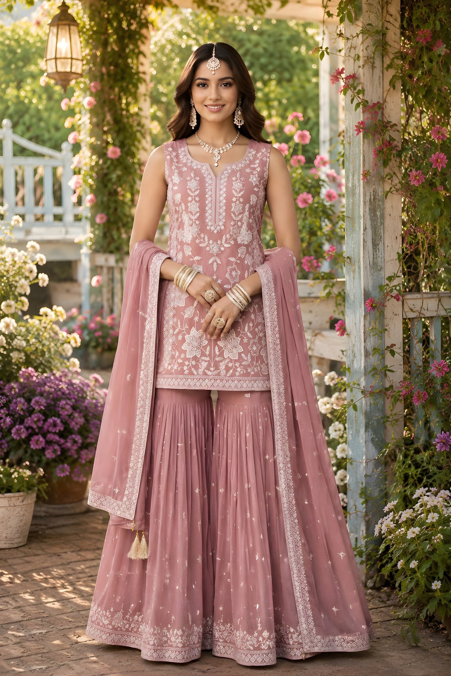 Elegant Dusty Pink Chiffon Designer Sharara Suit with Embroidery Work and Designer Dupatta