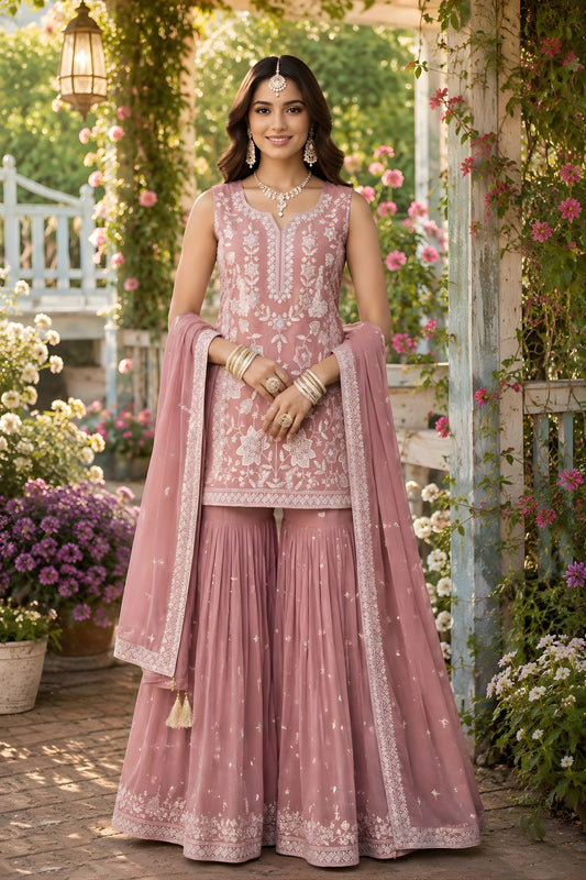 Elegant Dusty Pink Chiffon Designer Sharara Suit with Embroidery Work and Designer Dupatta