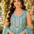 Delicate Sky Blue Chiffon Designer Sharara Suit with Embroidery Work and Designer Dupatta