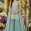 Delicate Sky Blue Chiffon Designer Sharara Suit with Embroidery Work and Designer Dupatta