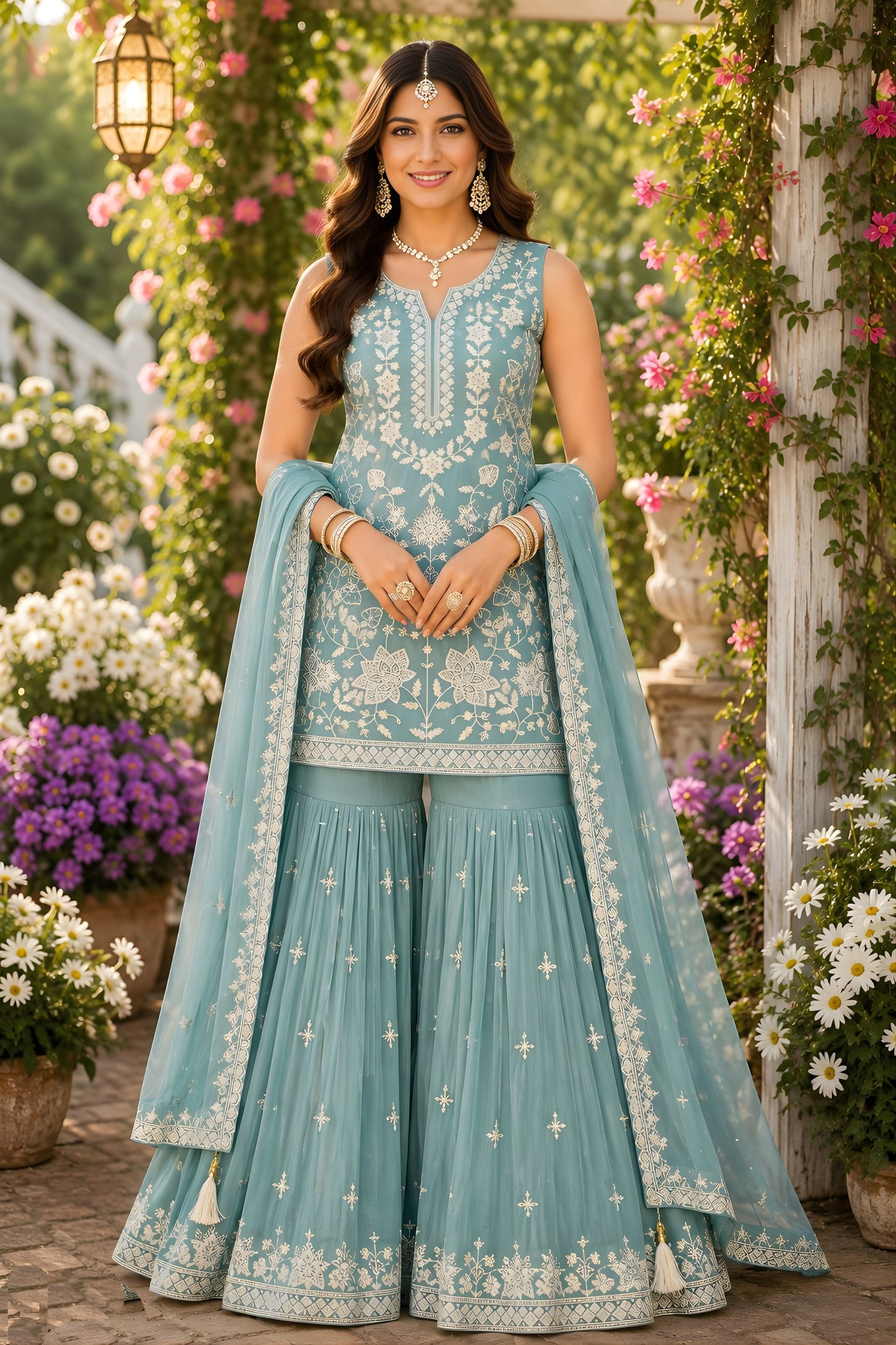 Delicate Sky Blue Chiffon Designer Sharara Suit with Embroidery Work and Designer Dupatta
