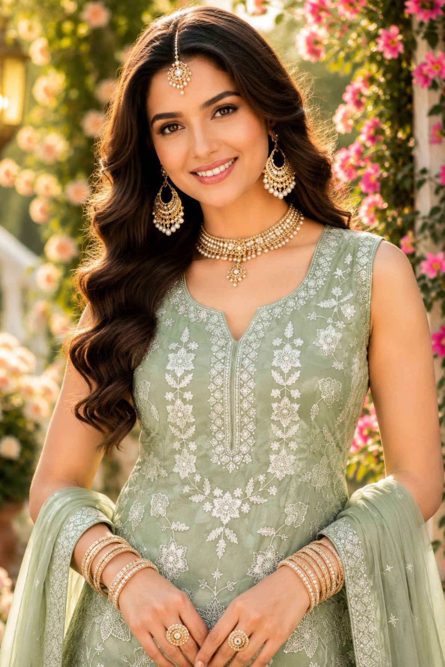 Charming Pista Green Chiffon Designer Sharara Suit with Embroidery Work and Designer Dupatta