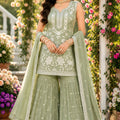 Charming Pista Green Chiffon Designer Sharara Suit with Embroidery Work and Designer Dupatta