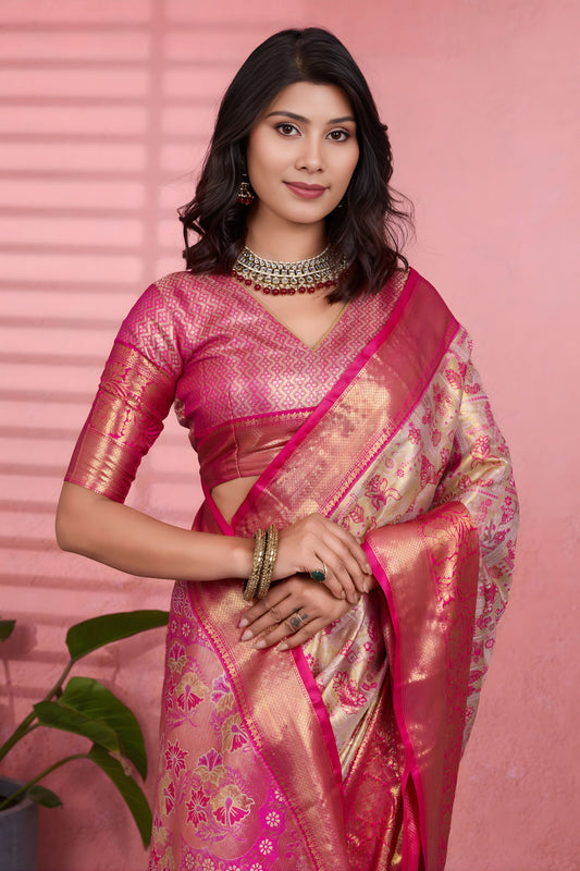 Beautiful Pink Kanchipuram Silk Saree Weaving Work for Women