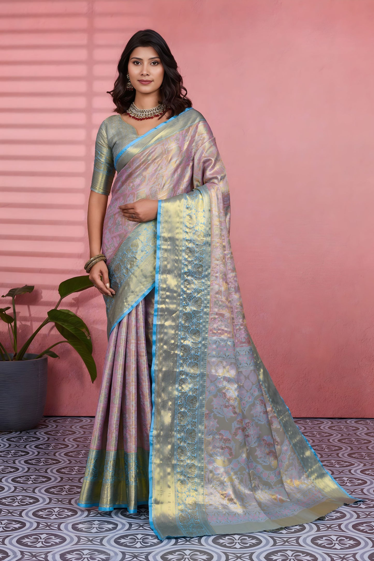 Stylish Lavender Kanchipuram Silk Saree with Weaving Work for Women