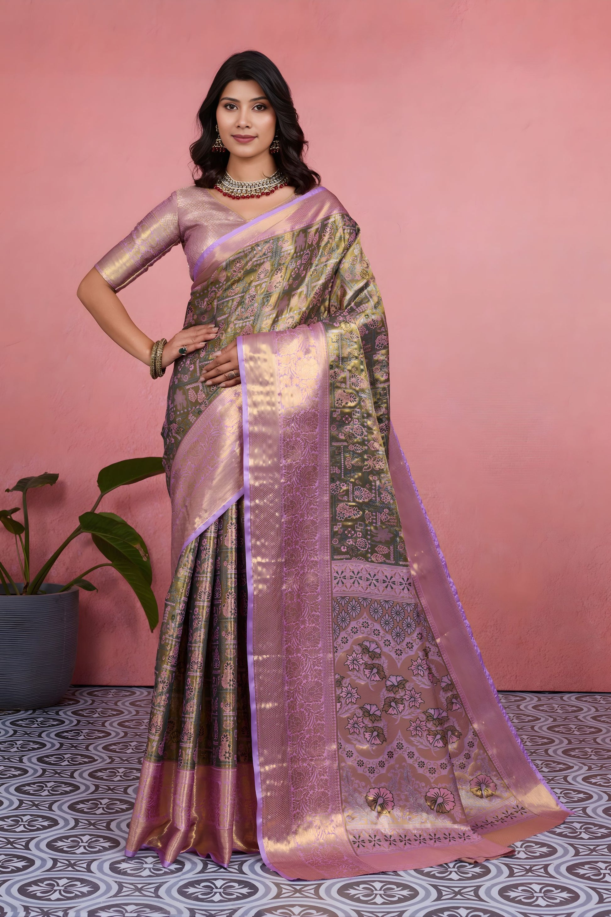 Premium Olive Green Kanchipuram Silk Saree with Weaving Work for Women