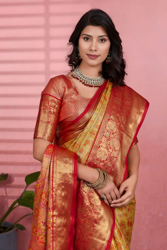 Graceful Mustard Yellow Kanchipuram Silk Saree with Weaving Work for Women